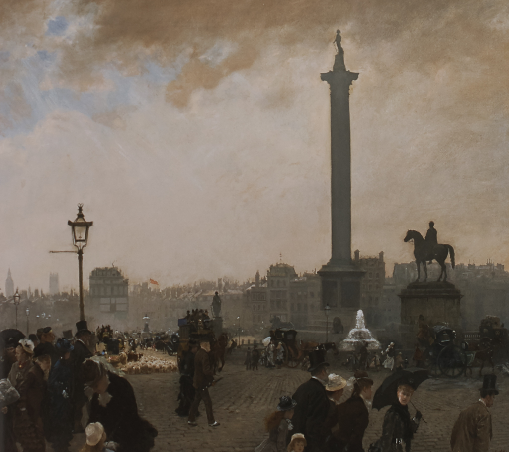 Giuseppe De Nittis, Trafalgar Square, 1878 Oil on canvas, 35.4 × 40.6 in Private Collection