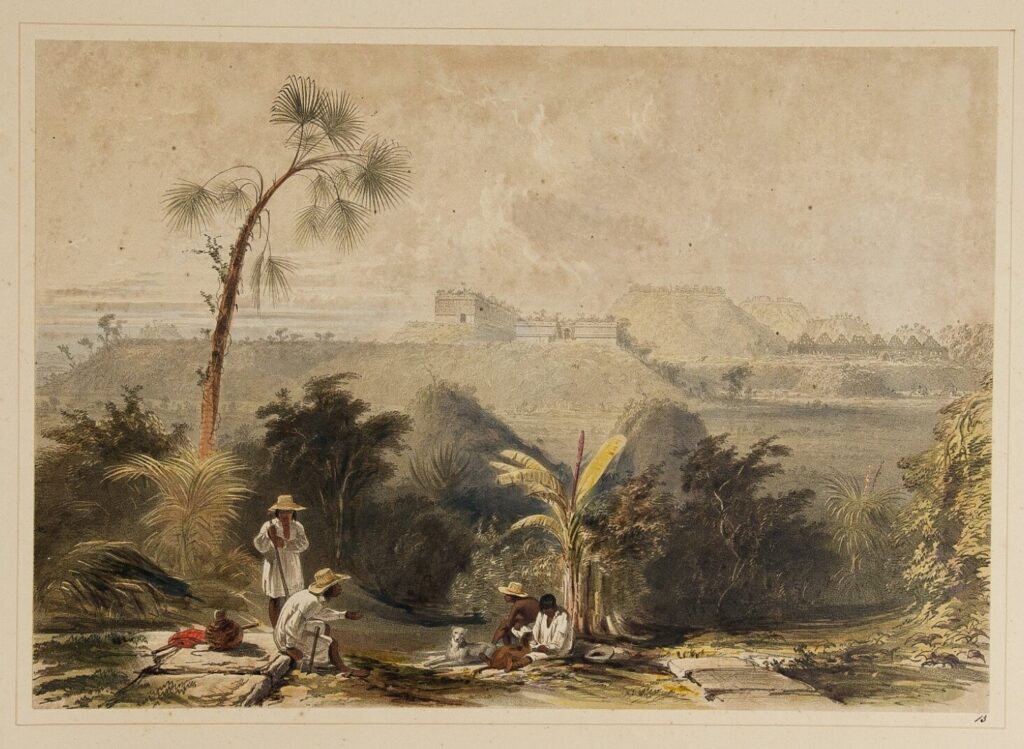Frederick Catherwood, General View of Uxmal, Taken from the Archway of Las Monjas, Looking South, 1844 Hand-colored tinted lithograph, 10.2 × 14.4 in
