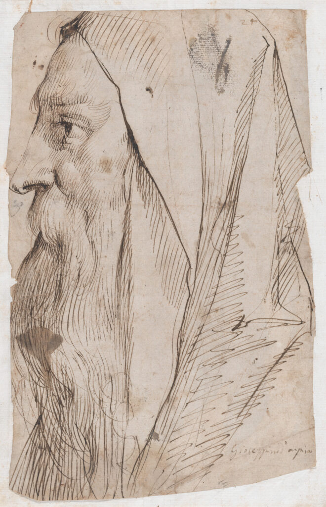 Cavaliere d'Arpino, Head of a Bearded Man Wearing a Hood in Profile Facing Left, 1636–1638 Pen and brown ink, 10.4 × 6.6 in Metropolitan Museum of Art, New York