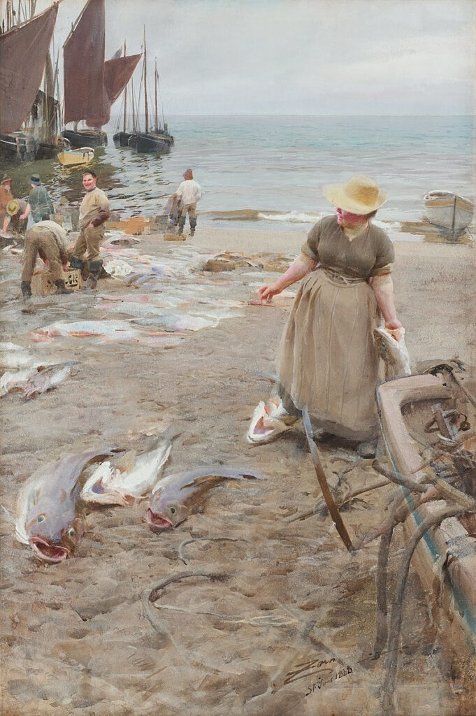 Anders Zorn, Fish Market in St Ives, 1888 Watercolor on paper, 39.4 × 30.1 in Private Collection