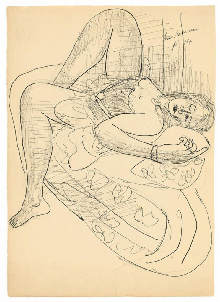 Max Beckmann, Woman Lying on a Sofa, 1944 Pen and black ink over pencil on cream-colored ribbed laid paper, 13 × 9.2 in Private collection