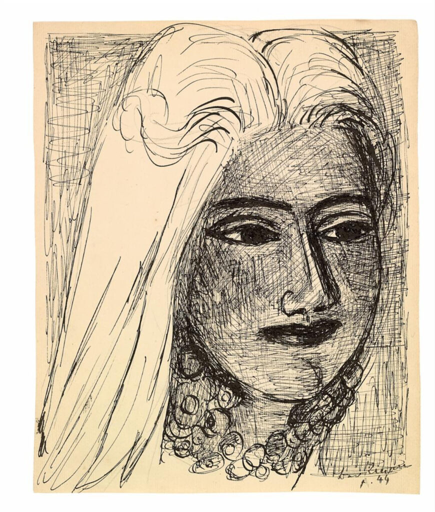 Max Beckmann, Woman’s Head with Necklace, 1944 Pen and black ink over pencil on cream-colored ribbed laid paper, 11.1 × 9.1 in Private collection